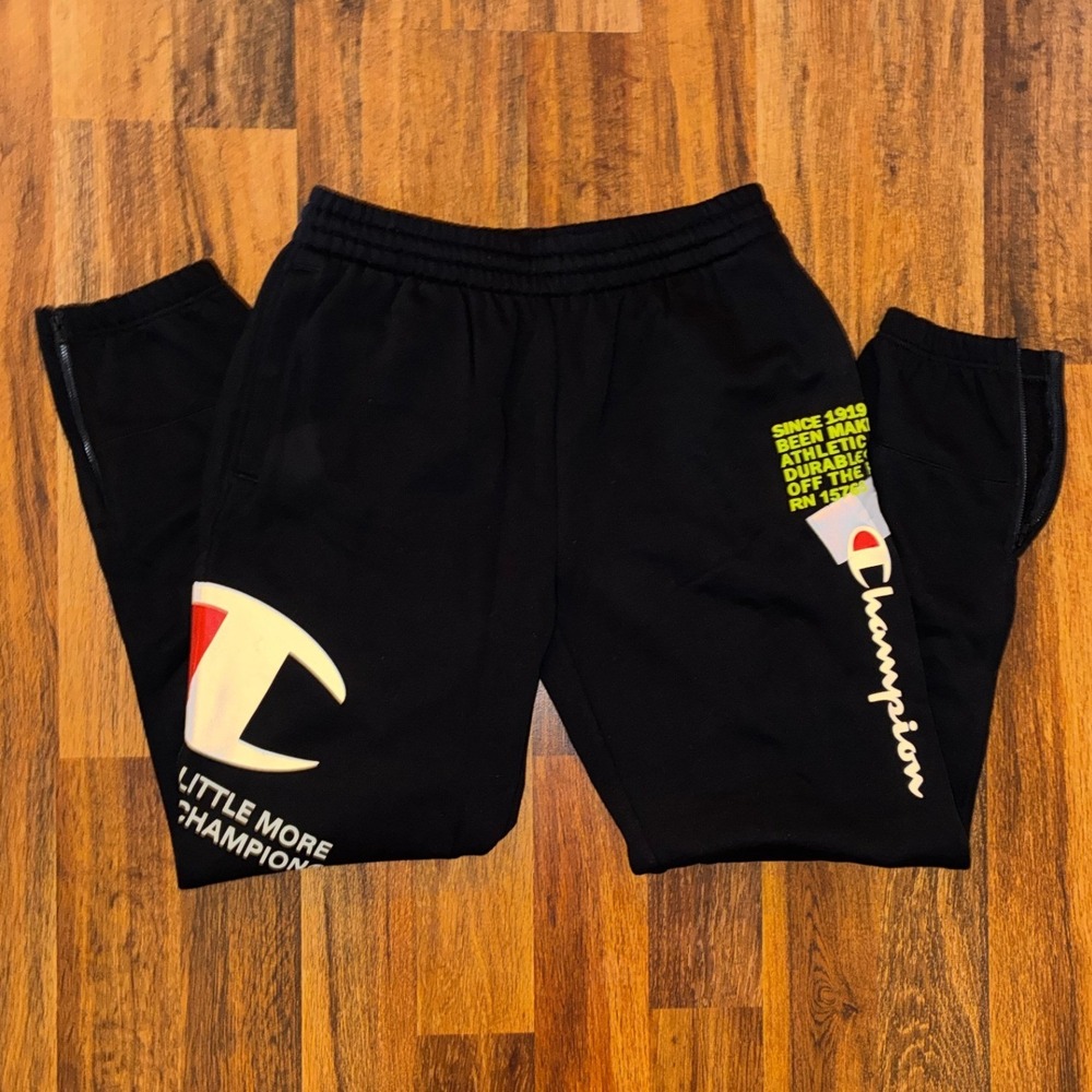 Champion Mens Big C Logo Fleece Jogger Sweatpants Black Medium Graphic Zips